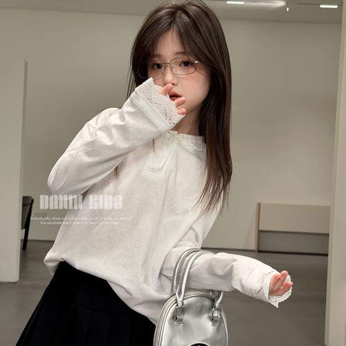 嗒囜女童春装连帽长袖蕾丝T恤