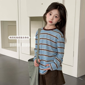 长袖 嗒囜 蓝咖条纹女童春装 微透顺滑垂坠 T恤针织上衣 海盐拿铁