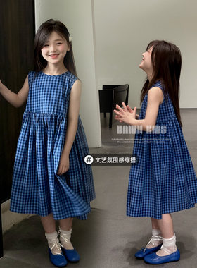 嗒囜 女童夏季纯棉蓝色格子背心连衣裙中大童宽松A字无袖薄款长裙