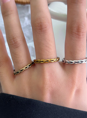 岚芷 麦穗情侣指环男女对戒古金饰品不掉色小众简约开口925银戒指