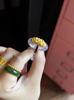 古法黄金色珐琅素圈玉戒指冰透仿和田玉复古国风男女小众设计指环