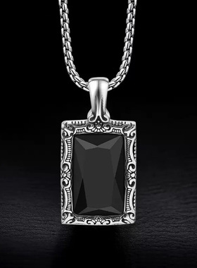 复古黑曜石吊牌钛钢男士项链不锈钢吊坠不掉色欧美饰品潮酷百搭帅