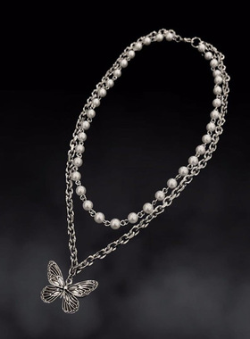 欧美跨境新品配饰 朋克嘻哈多层珍珠蝴蝶吊坠项饰 时尚潮流项链女
