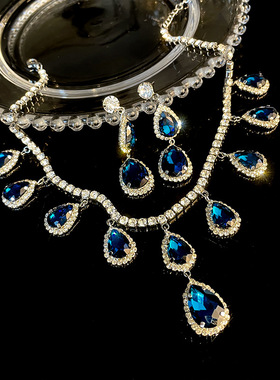 孔雀开屏蓝色镶钻项链水滴玻璃高级感锁骨链新中式气质女旗袍复古