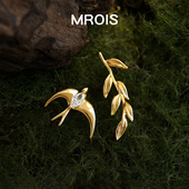 时尚 燕南春 镀18k真金燕子树叶锆石耳钉小众AB款 通勤风轻奢耳饰女