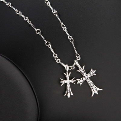 百搭双十字架项链个性潮款复古银镶钻十字架吊坠男女同款配饰项链