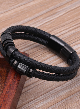 现货批发欧美不锈钢皮手链男士多层皮革手链 不锈钢首饰编织手镯