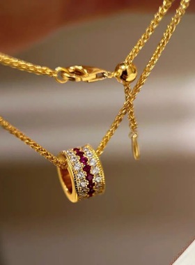 新年~中古vintage排钻红刚石项链吊坠蔷薇高级轻奢高版指环锁骨链