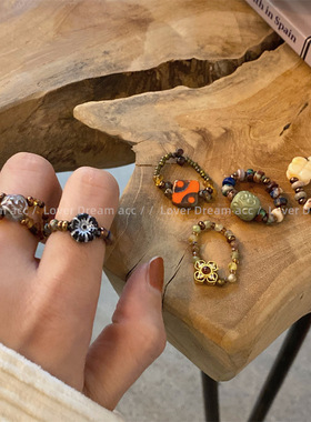 新款小众设计石头琉璃贝壳米珠串珠戒指 复古美拉德指环时尚手饰