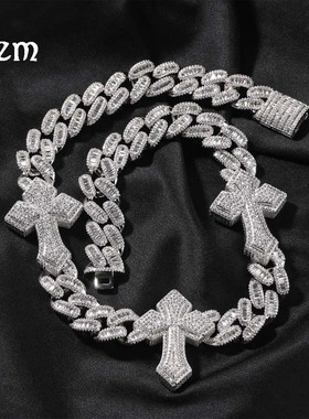 欧美跨境新品时尚朋克满钻十字架古巴链hiphop男士街舞炫酷颈链潮