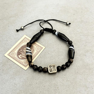 玛瑙手绳男女小众民族风银曜石复古男潮手链平安喜乐男士手镯配饰