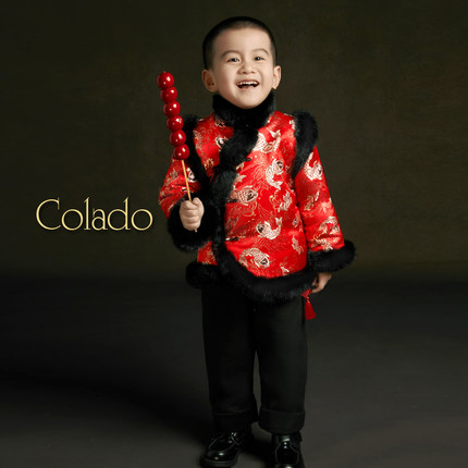 Colado中式男童宝宝抓周拜年服红色儿童新年唐装汉服定制马甲礼服