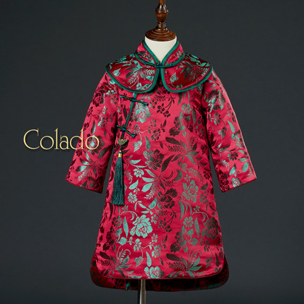 Colado扣诺女童秋冬红色唐装旗袍高端定制新年汉服拜年服儿童礼服