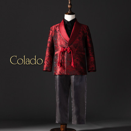 Colado扣诺男童主持人中国风红色西装礼服唐装新年宝宝周岁拜年服