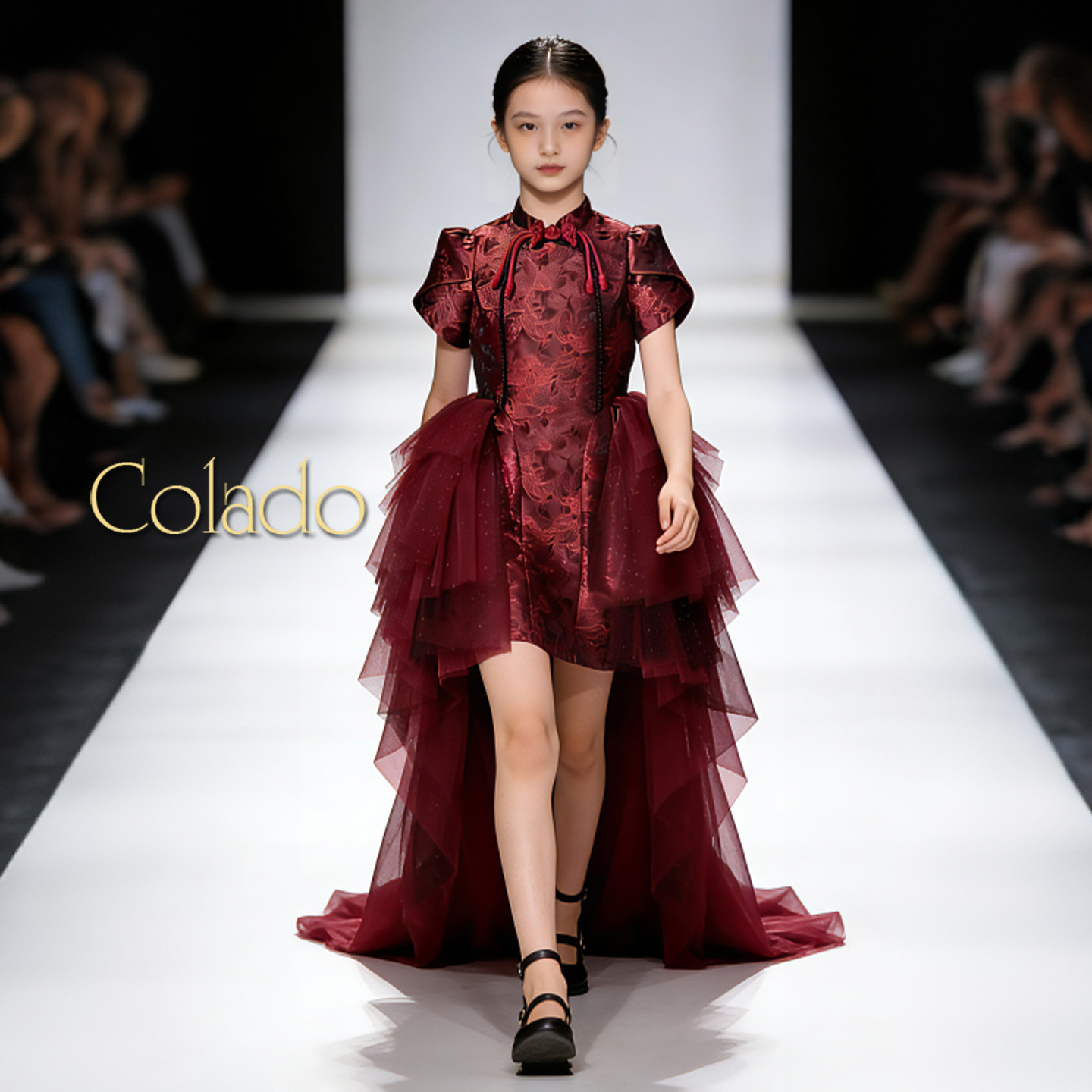扣诺女童红色网纱中式晚礼服图片