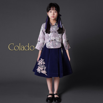 Colado扣诺女童中国风刺绣演出服复古中式唐装旗袍儿童礼服拜年服