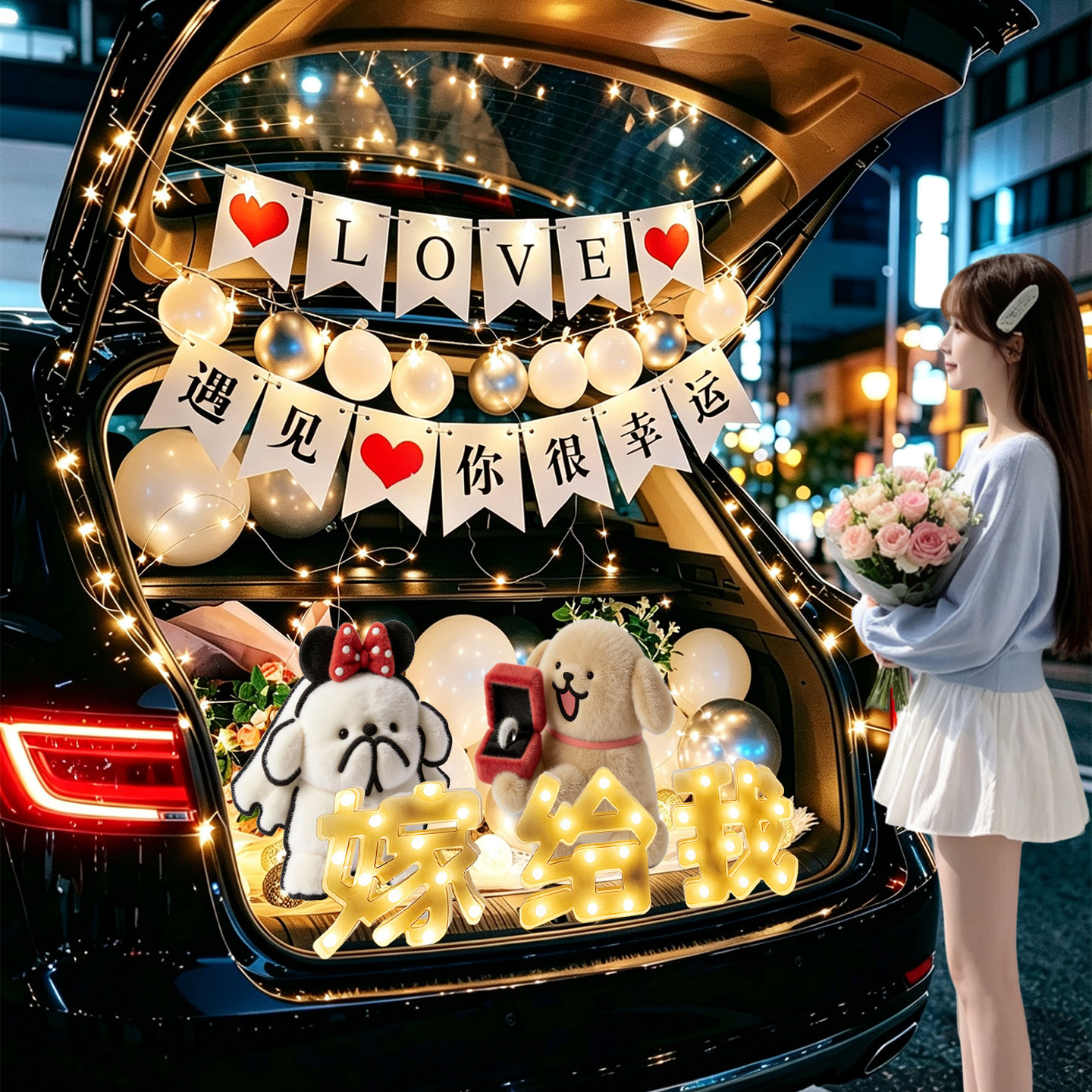 汽车后备箱惊喜布置生日女儿男女孩装饰七夕求婚礼物浪漫表白场景