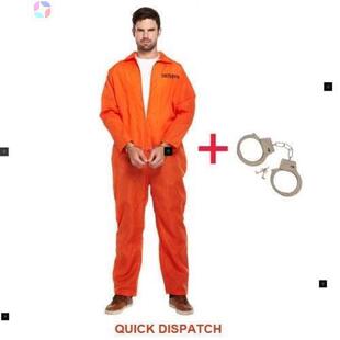 Mens Halloween Orange Jumpsuit Convict prisoner Costume Cos