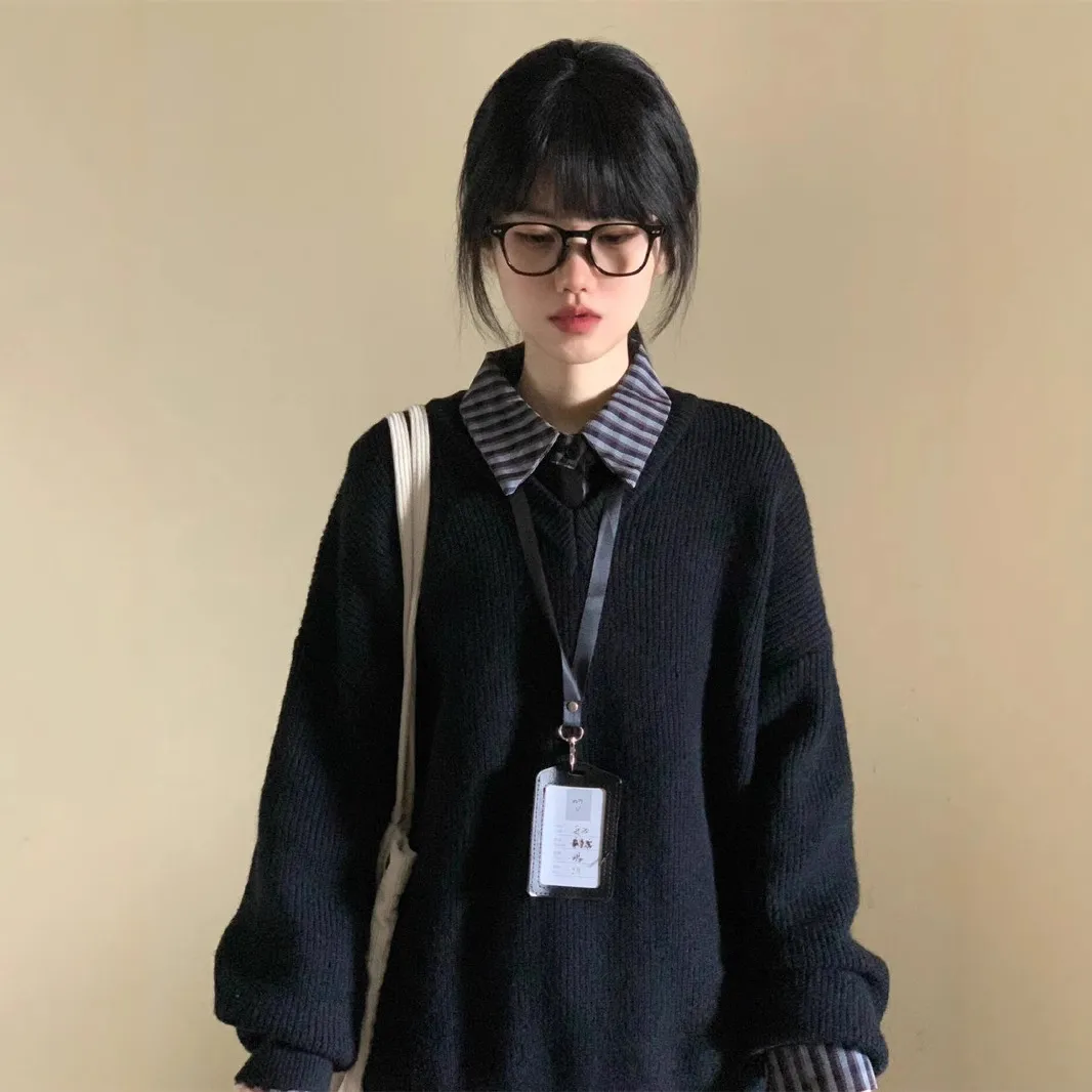 韩系通勤穿搭一整套软糯黑色V领时尚套装