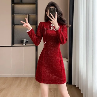秋冬季新中式改良旗袍裙小个子复古国风气质高级感盘扣红色连衣裙