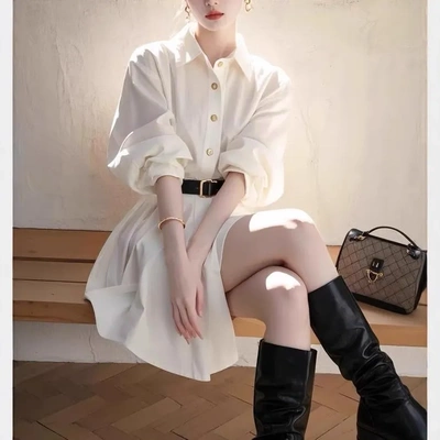 2025春装新款法式高级感小个子大方得体气质小香风白色衬衫连衣裙