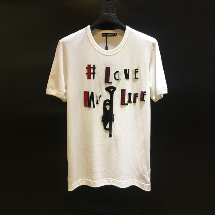 DOLCE&GABBANA DG杜嘉班納男士短袖寶石字母刺繡白色圓領T恤現貨