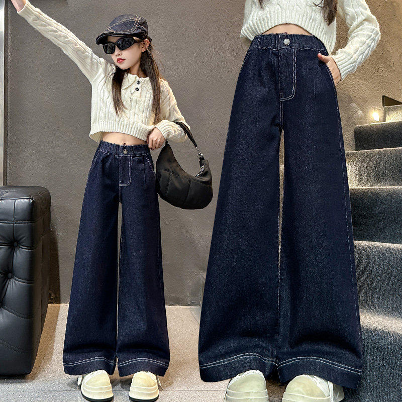 阔腿裤女童直筒牛仔裤好看大童新款加绒加厚休闲裤子儿童秋冬2025