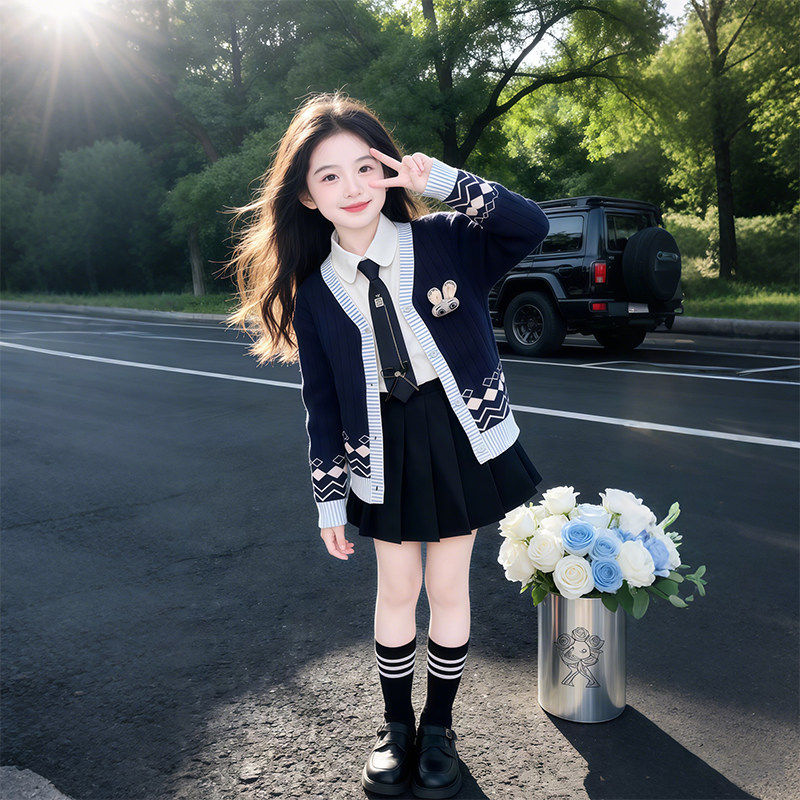 女孩女童连衣裙开衫春秋jk针织兔子学院套装百褶裙风大童衬衫警官