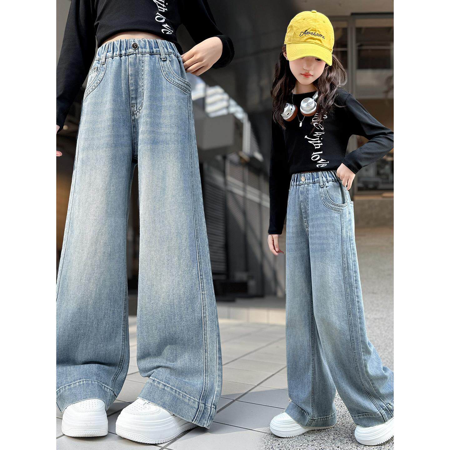 裤子女童直筒款阔腿裤新款女大童超好看春秋初中生窄版牛仔裤2026