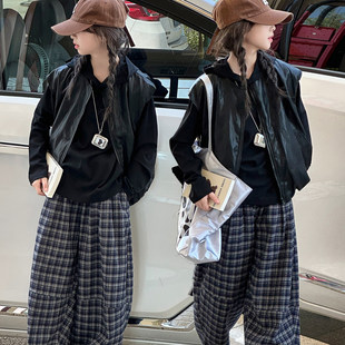 衫 新款 子三件套套装 大童女童春秋洋气2026皮衣裤 马甲打底儿童春季