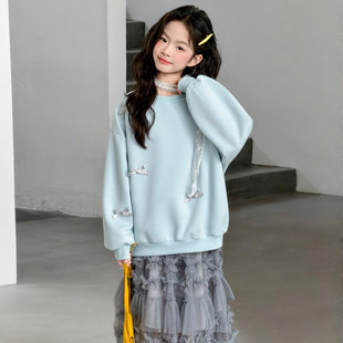 2026两件套童装 韩国女童灰色新款 层层卫衣立体 蓝色纱裙春秋季 套装