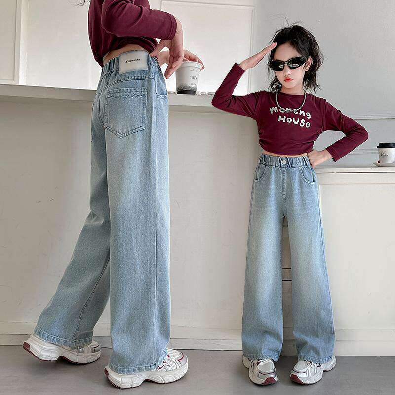 大童女童加绒牛仔裤儿童长裤新款秋季裤子阔腿裤秋冬加厚2026直筒