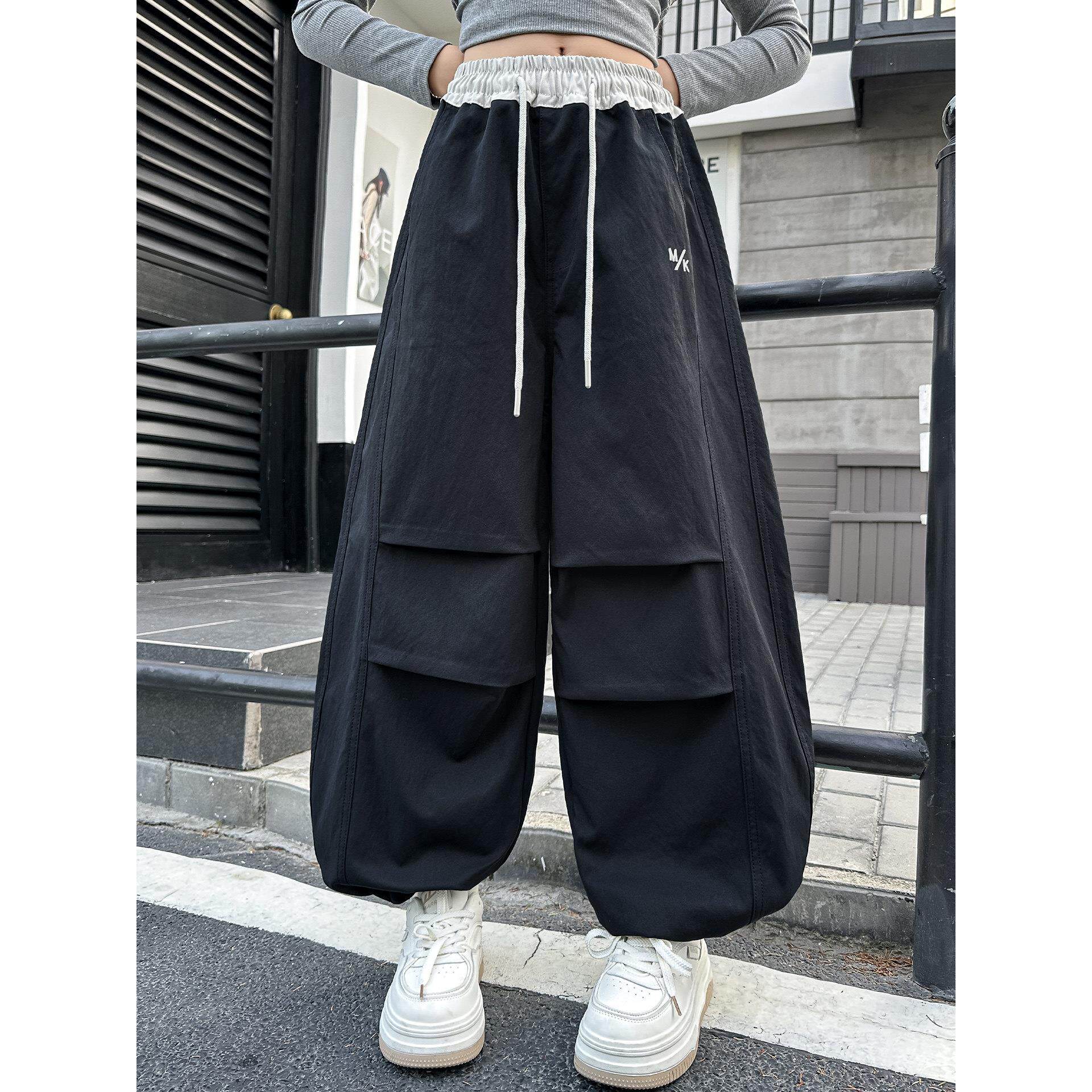 春秋裤中大童抽绳街舞宽松腿裤子工装风阔新款女孩女童弯刀儿童裤