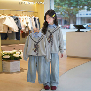 洋气套装中大童牛仔裤春款女童卫衣假春秋两件韩系新款两件套2026
