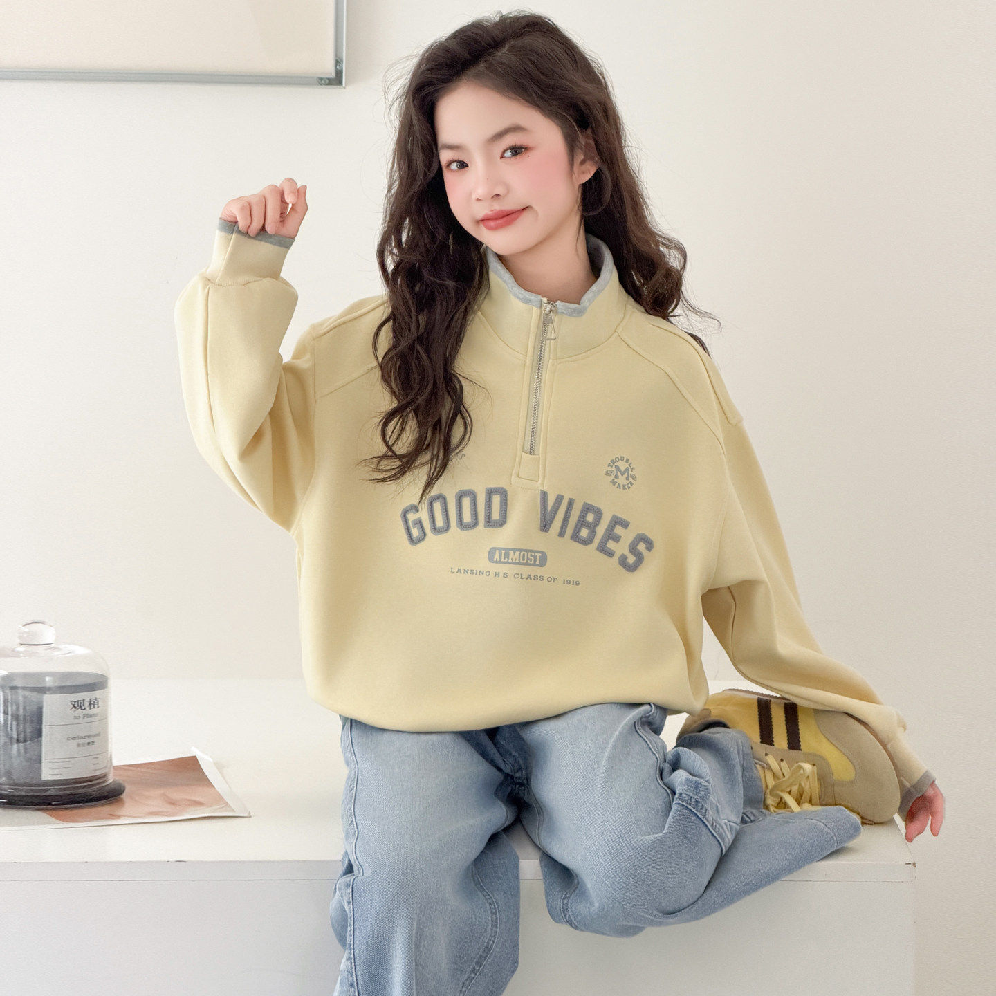 新款牛仔裤两件套卫衣半立领儿童2026春款套装拉链女童女大童春季