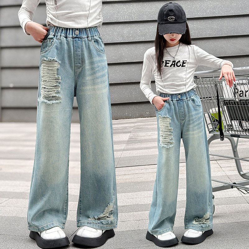 女童款洋气长裤牛仔裤2026个性破洞裤子直筒新款春秋时髦女孩儿童