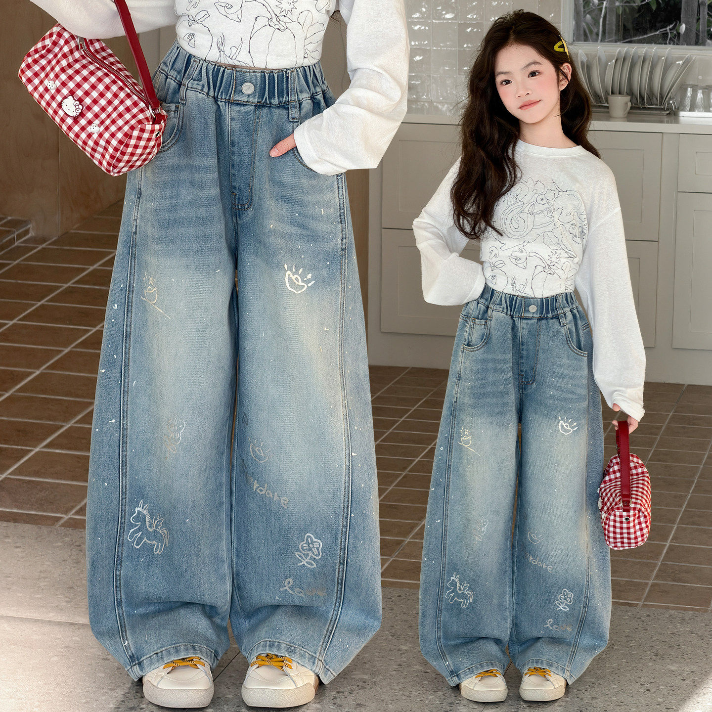 儿童浅色2026直筒牛仔裤弯刀阔腿裤春装女大童裤子新款女童初中生