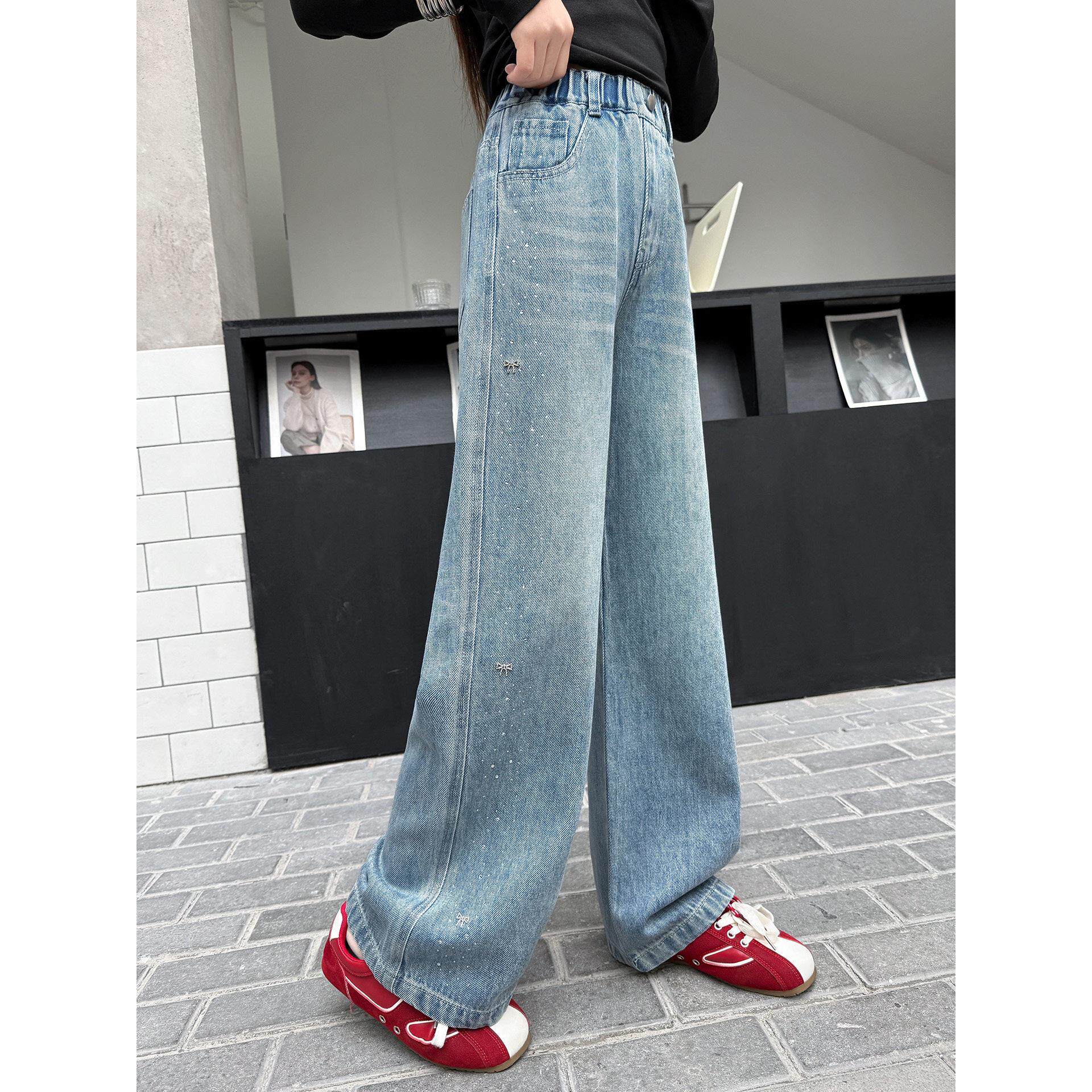 女童春季6牛仔裤宽松韩版阔腿裤8岁烫款裤子儿童9春秋大童钻7女孩