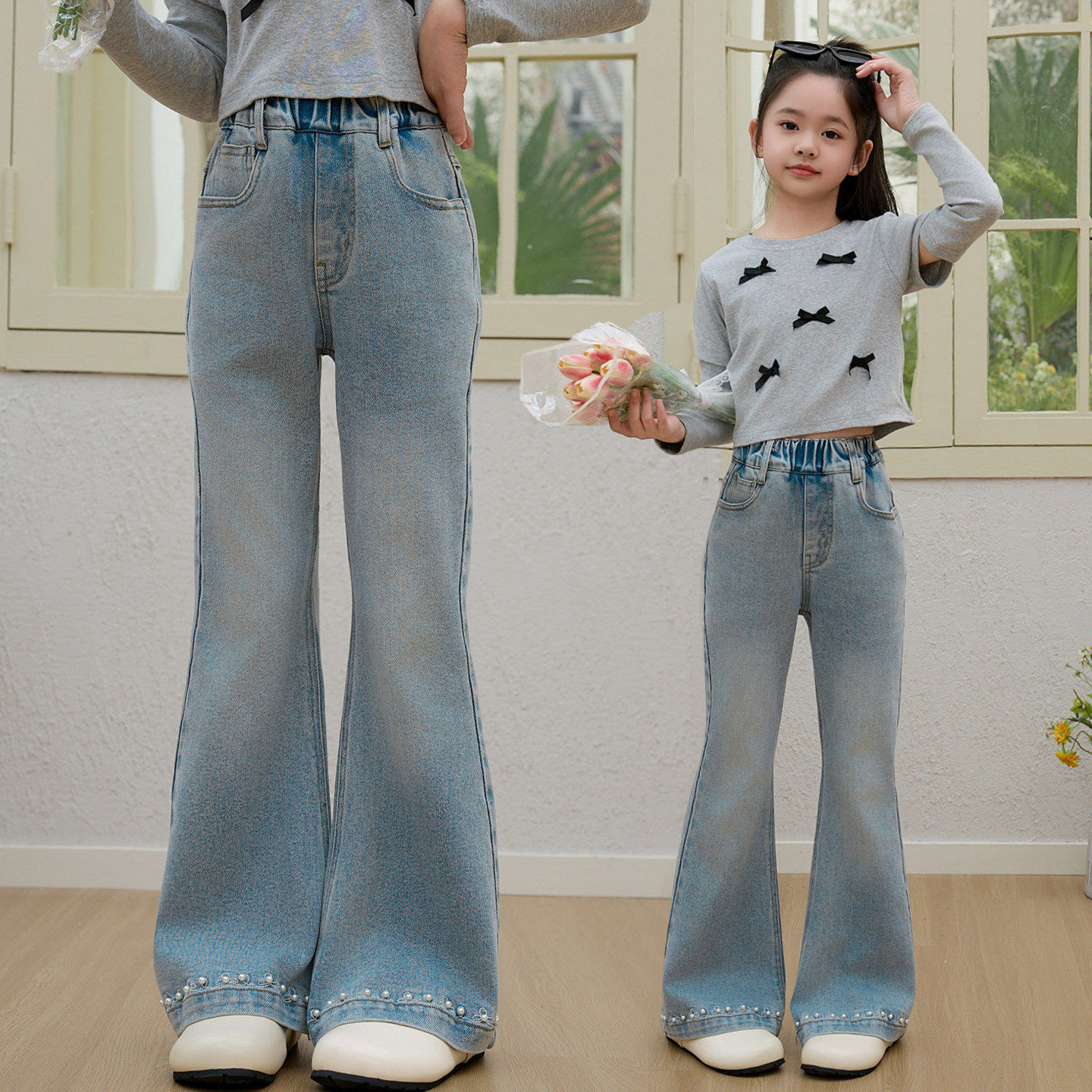 女童裤子春秋装儿童薄款牛仔裤弹力喇叭裤韩版女孩中大童长裤春季