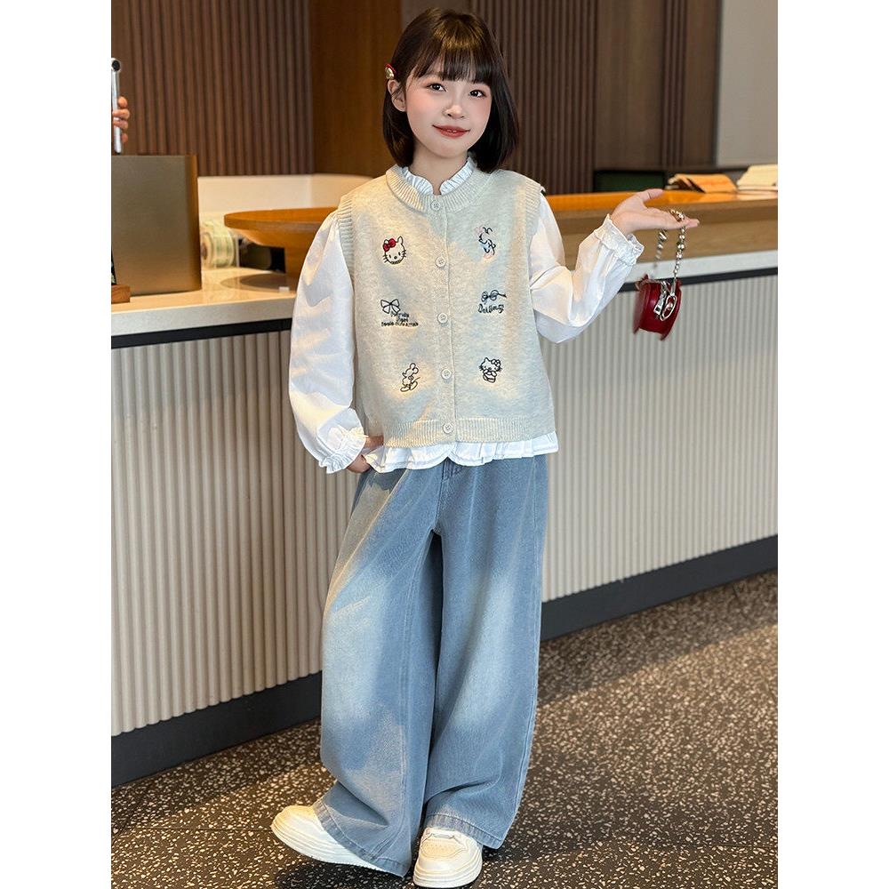 儿童洋气女童马甲休闲中大童新款衬衫长袖春秋2026套装三件套针织