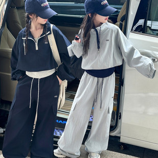 女孩春秋女童卫衣网红中大童拉链两件套2025儿童休闲新款套装洋气