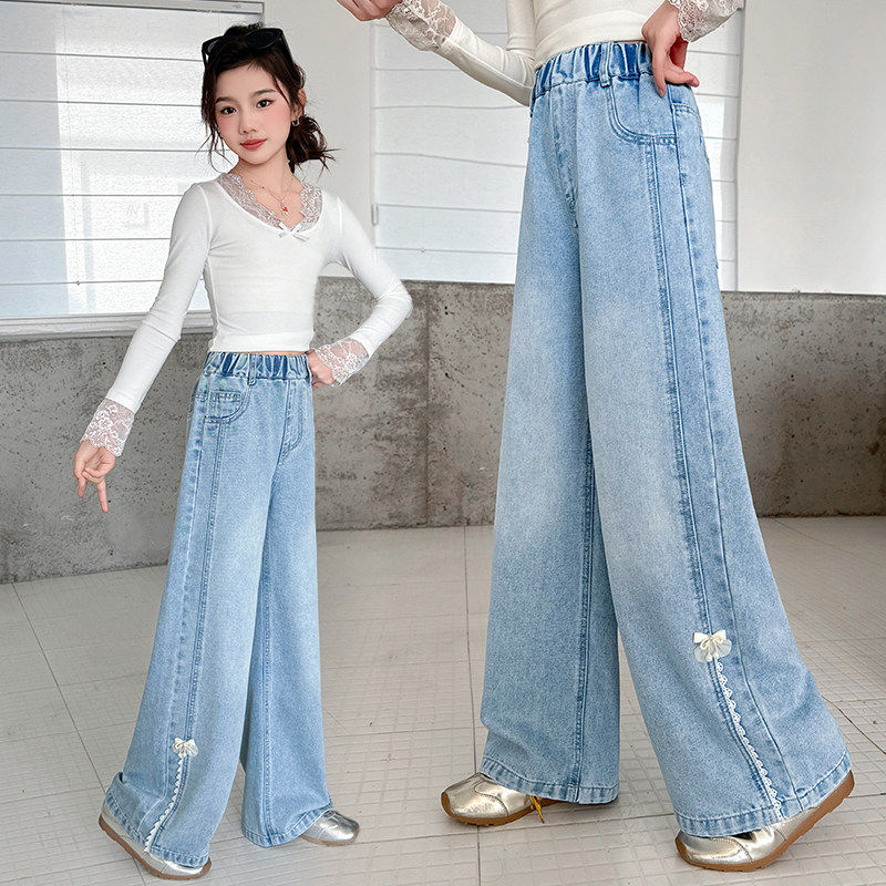 宽松休闲牛仔裤直筒春秋裤子儿童女童阔腿裤韩版女大童款洋气春季