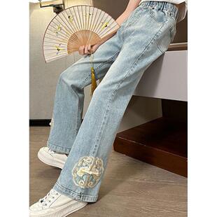 女童牛仔裤春秋2026新款春装大童国风刺绣洋气喇叭裤儿童春季裤子