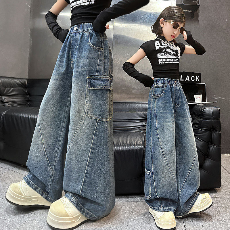 女大童牛仔裤秋季女童阔腿裤春秋工装裤裤子休闲秋款儿童宽松潮酷