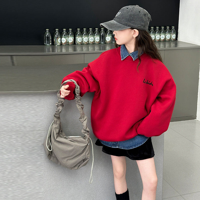 圆领红色百褶裙T牛仔女童式厚棉洋派三件女大童春秋装休闲衬衫时