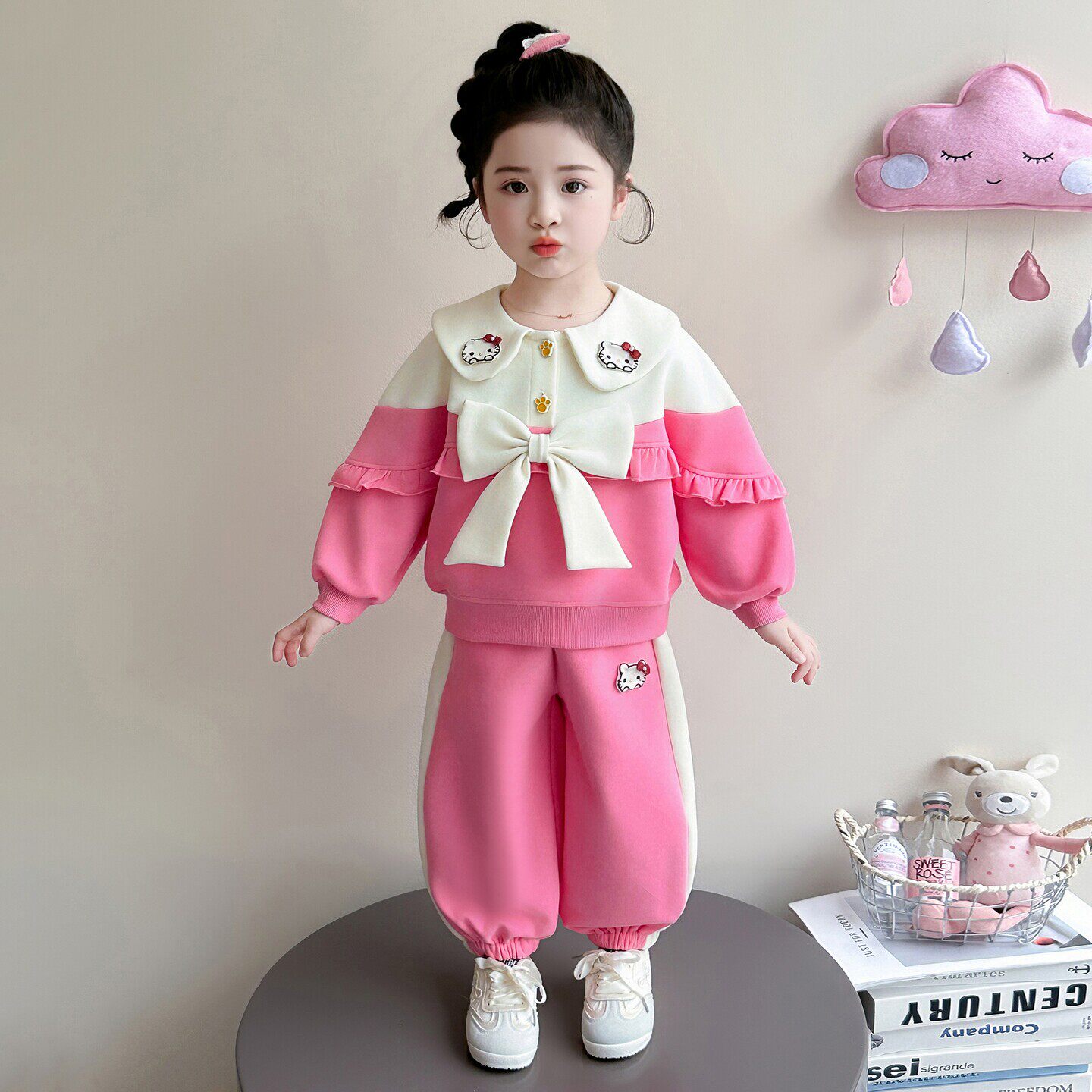 两件套春季新款蝴蝶结2026卫衣洋气时髦宝宝春装猫咪儿童套装女童