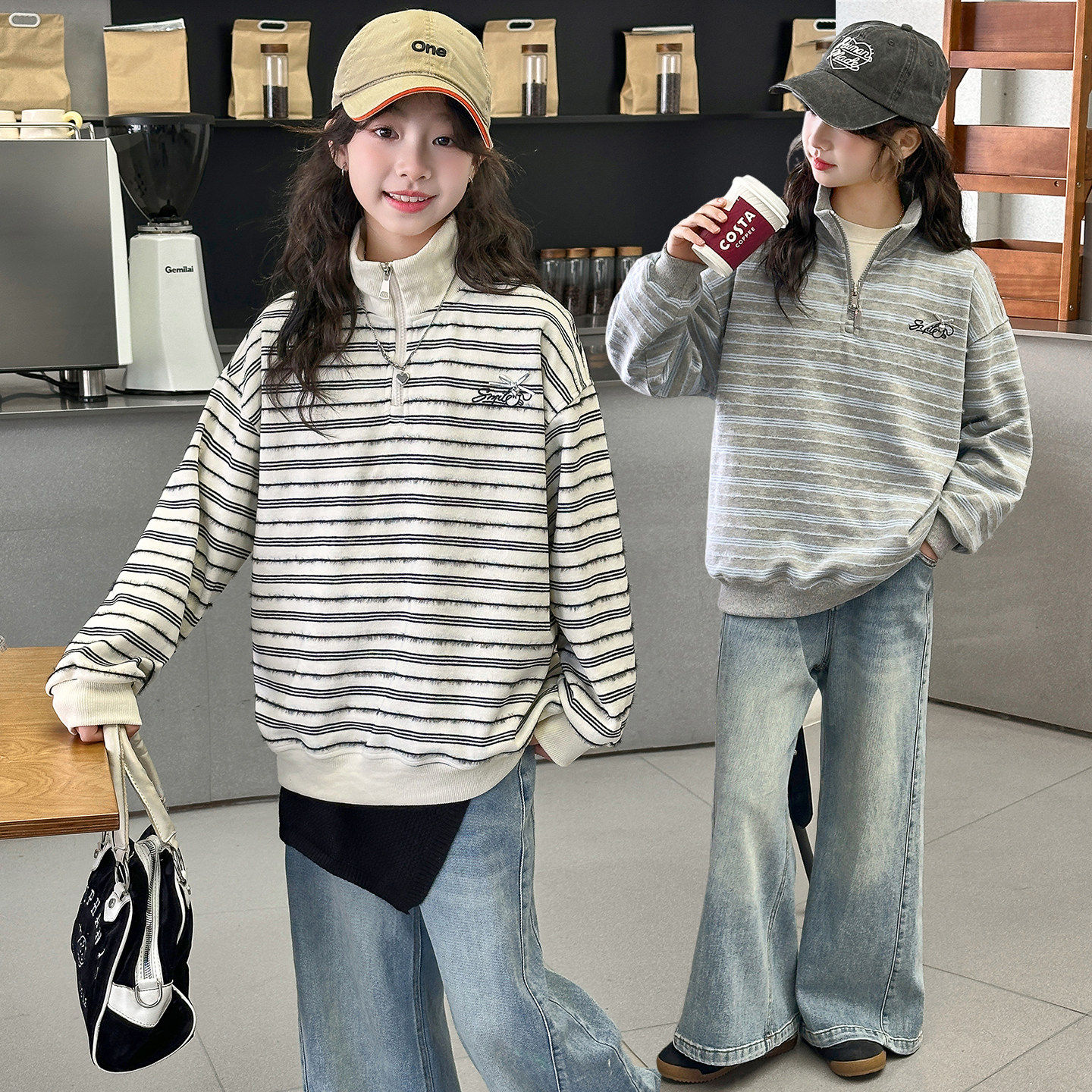 春款中大童2026腿韩版套装牛仔裤新款立领套装女童卫衣阔洋气拉链