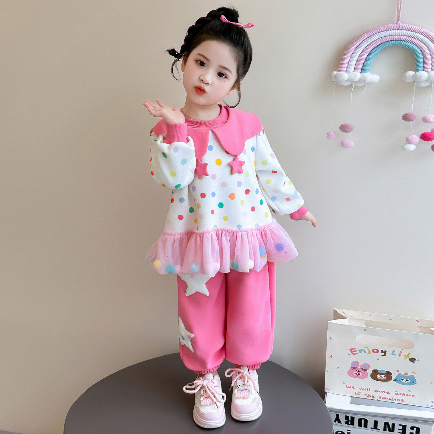 春装洋气款2026女童春季儿童卫衣新款女宝宝春秋早春时髦套装圆点