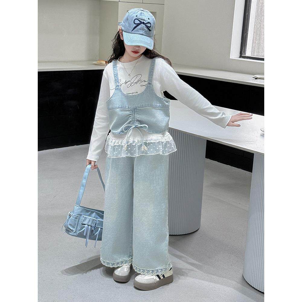 牛仔T恤马甲女童时尚套装新款春秋长袖中大童三件套款潮洋气2026