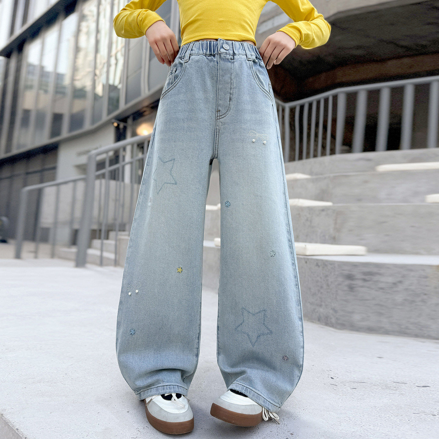 腿牛仔裤阔裤子女童裤春儿童洋气直筒春秋新款女大童2026浅色好看